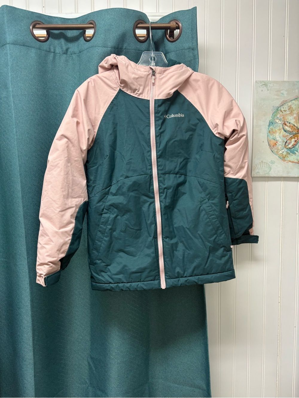 Columbia Omni Tech Greenish & Light Pink Hooded Winter Jacket Size Medium/10-12